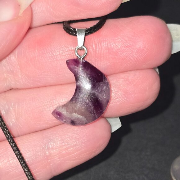 Purple Fluorite Moon Pendant and Cord Necklace Clarity Focus Wisdom - Picture 4 of 6
